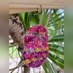 Hand Knitted Circle Earrings Multicolor Pink Premium Hand Dyed Yarn